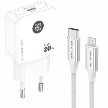 Tech One Tech Cargador de Pared 20W con Tecnología GaN y Cable Lightning Blanco TEC2222 Tech One Tech Cargador de Pared 20W con Tecnología GaN y Cable Lightning Blanco TEC2222